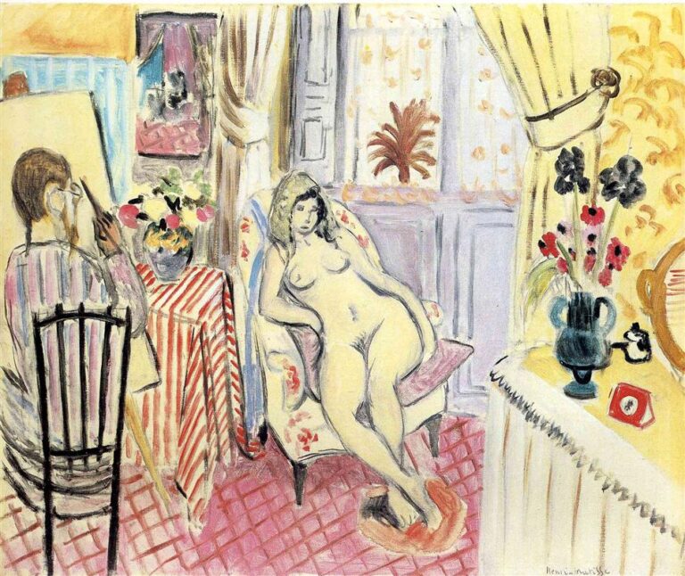 Interior studio with red-lattice floor; painter at an easel left, wearing a striped smock; reclining nude in a floral armchair center; diagonal red-striped table with bouquet; lavender window and curtains; right wall of yellow patterned wallpaper with blue vase of flowers and small red clock; bright, even Mediterranean light.