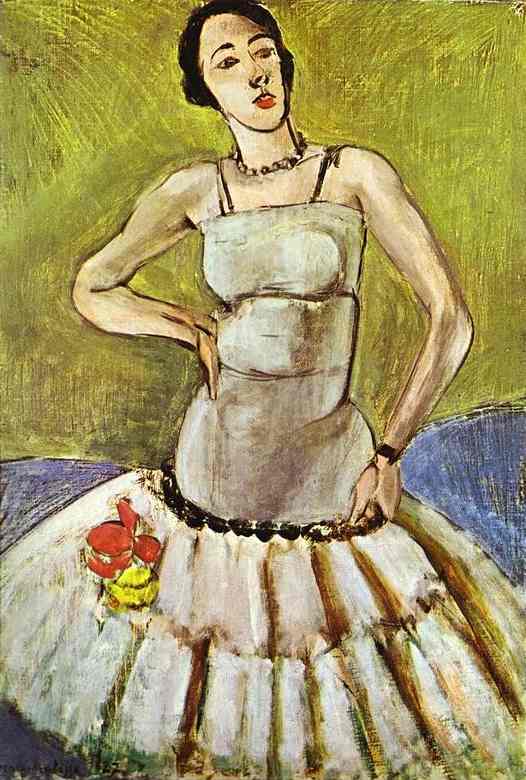 Standing ballerina in grey bodice with pearl necklace and arms akimbo; white tutu with scalloped edge and small red and yellow rosettes at the hip; background of olive green above a curved ultramarine band; modern, simplified studio scene by Henri Matisse, 1927.