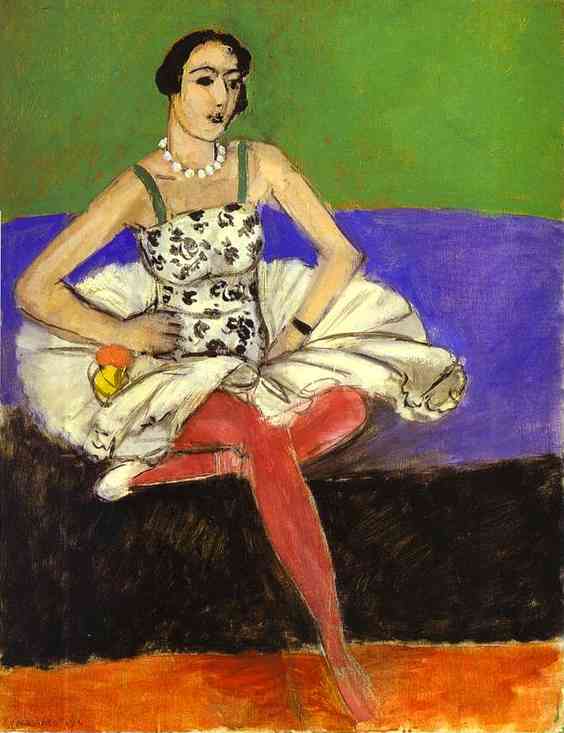 Ballet dancer seated frontally with pearl necklace, patterned white bodice, flared white tutu, and red tights; one leg crossed, the other extending diagonally to the orange floor; large flat bands of green, blue, and black form the background; Henri Matisse, 1927.