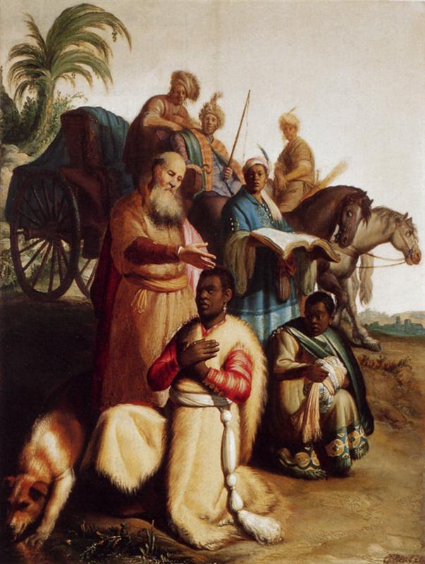 On a sunlit roadside, Philip blesses a kneeling Ethiopian court official for baptism while attendants hold an open book, a chariot and horses wait behind, and a small dog sniffs the ground; rich garments and focused faces circle the solemn act.