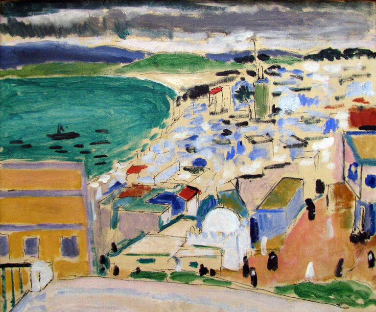 Elevated view of Tangier’s harbor with a semicircular green bay at left, a pale sand-colored city of simplified blocks and roofs at right, dark boat marks on the water, scattered figures below, a white dome and slender minaret rising amid buildings, and a layered gray sky suggesting changing weather in Henri Matisse’s 1912 “The Bay of Tangier.”