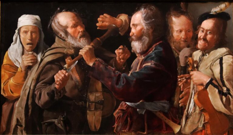 Five figures crowd a dark background as two bearded men clash at center—one brandishing a knife, the other thrusting a hurdy-gurdy or crutch—while a bagpiper and a grinning fiddler look on and a head-wrapped witness reacts in alarm; warm light models faces, hands, and worn garments.
