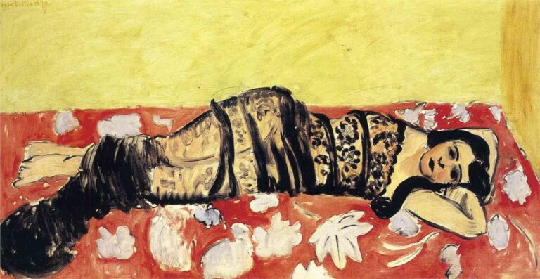 Wide horizontal painting by Henri Matisse showing a woman reclining on a red, leaf-patterned surface beneath a lemon-yellow wall, wrapped in a black shawl with head resting on her forearm; simplified forms, bold black outlines, and a restrained palette create calm decorative balance.