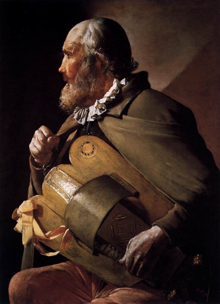 Half-length profile of an elderly blind hurdy-gurdy player wearing a cloak and ruffled collar, cradling a large instrument across his chest with one hand on the crank and the other steadying the body, warm light modeling scalp, beard, wood, and hands against a dark background.