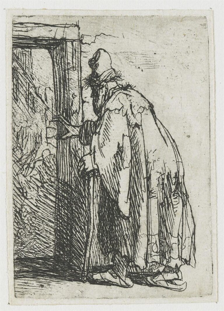 A cloaked, elderly Tobit stands at a doorway with a staff, one hand extended to feel the frame; his hat droops and his worn garment frays as Rembrandt’s etched lines describe the rough wood and the tentative posture of blindness.