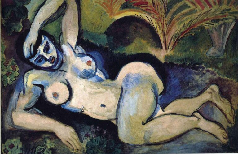 A reclining nude woman fills a horizontal canvas, outlined in bold black and modeled with striking blue shadows; she hooks one arm behind her head and lies amid dark green foliage and palm fronds, creating a powerful, modern contrast between cool blue flesh and a lush garden ground.