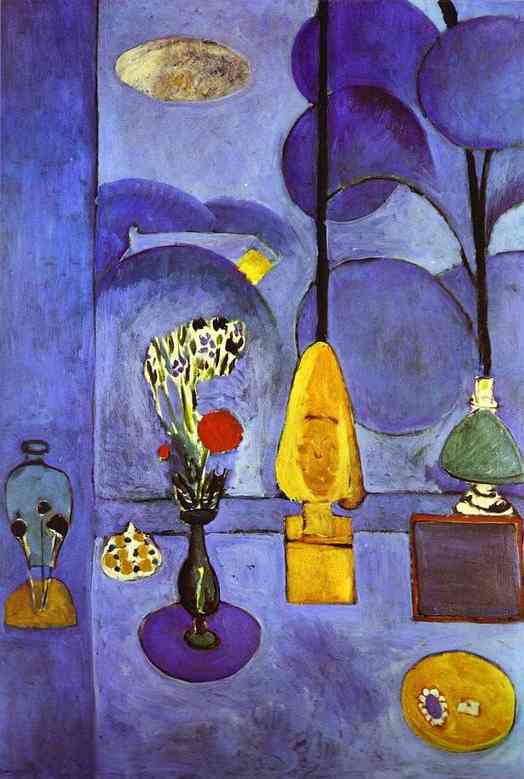 Tall vertical painting of a blue-toned interior view through a window; on the sill sit a dark vase with patterned leaves and two red pompons, a bright yellow carved figure on a pedestal, a pale green lamp, a shell, and a small round tray; outside, simplified trees appear as overlapping blue disks beneath an ocher moon; contours are brush-drawn and the entire scene is suffused with deep blue in Henri Matisse’s 1911 “The Blue Window.”