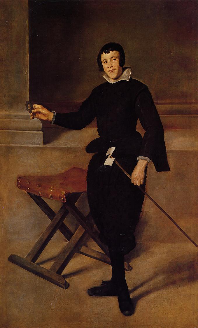 Full-length portrait of the jester Juan de Calabazas standing in a sparse room, one hand resting on a stone ledge and the other holding a slender staff beside a red X-stool, dressed in black with a white collar and faint smile, painted by Diego Velazquez.
