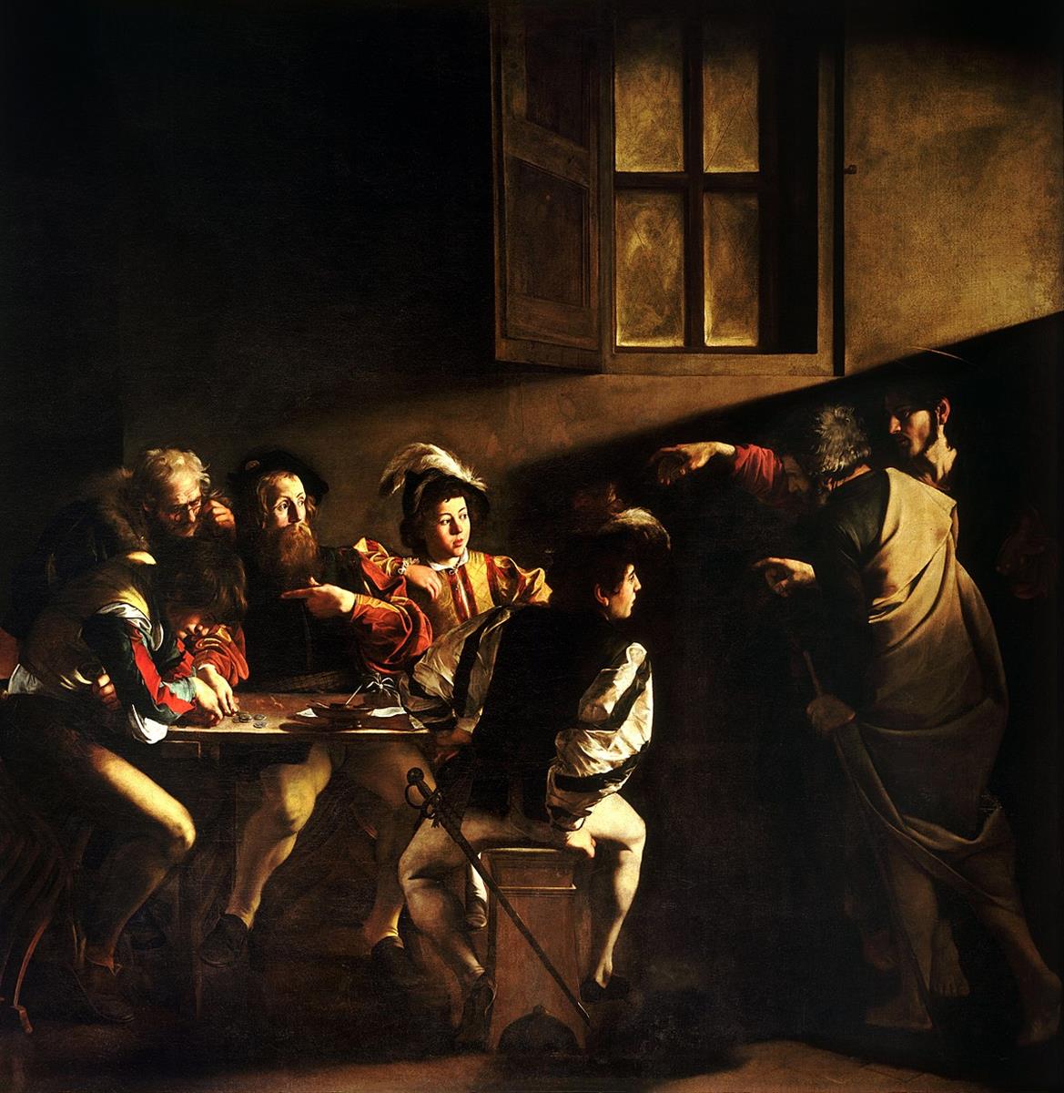 In a dim tavern-like room, Christ enters at right with Peter and points across a table where men count money; a dramatic beam of light cuts from Christ’s hand to the bearded Matthew, who points to himself in surprise while companions look up amid coins and ledgers.