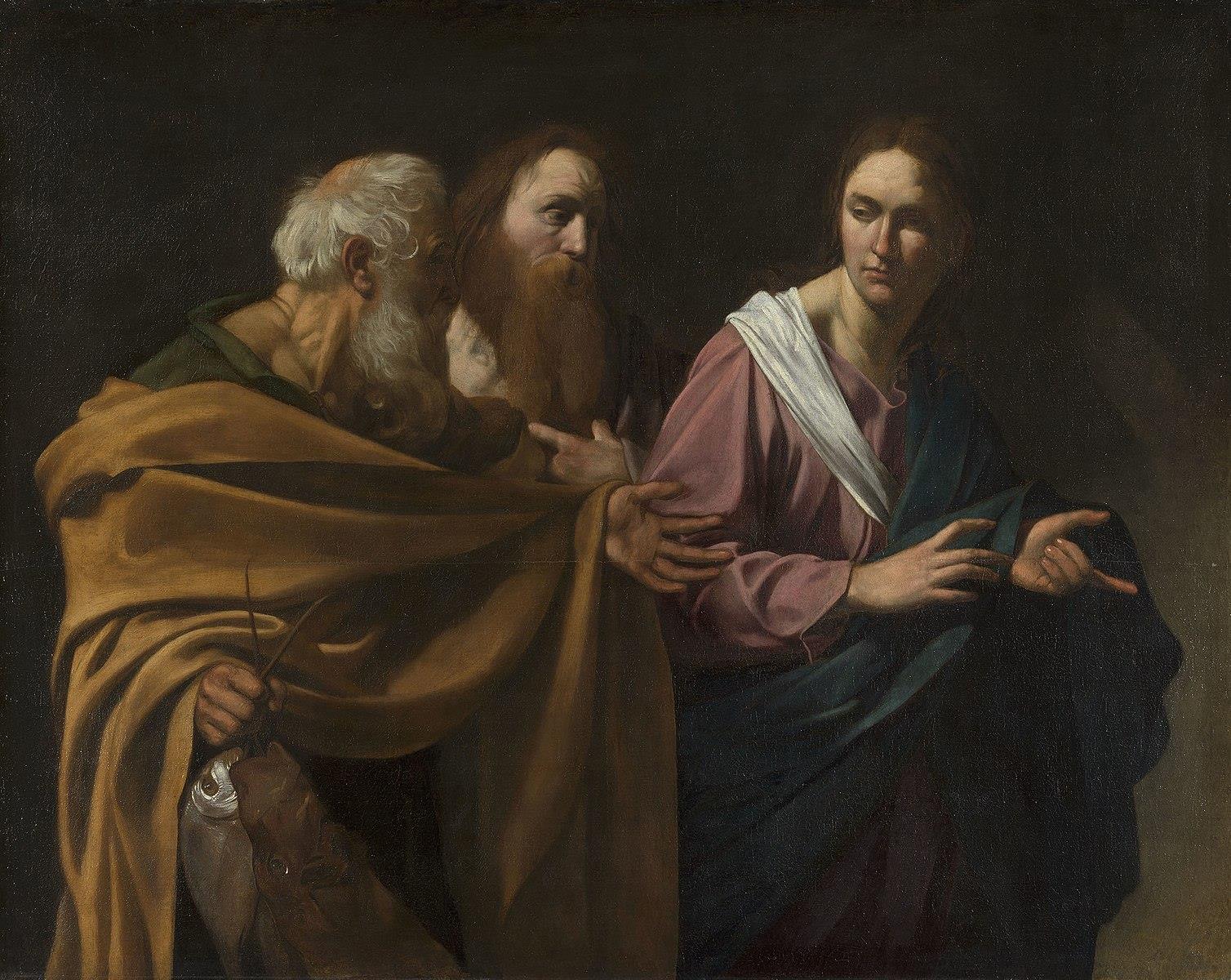 In a dark setting, Christ at right extends his hand toward two fishermen. Peter, older and cloaked in ocher, clutches net cords while his other hand begins to open; Andrew, younger, looks between Jesus’ face and hand, his fingers subtly mirroring the gesture.