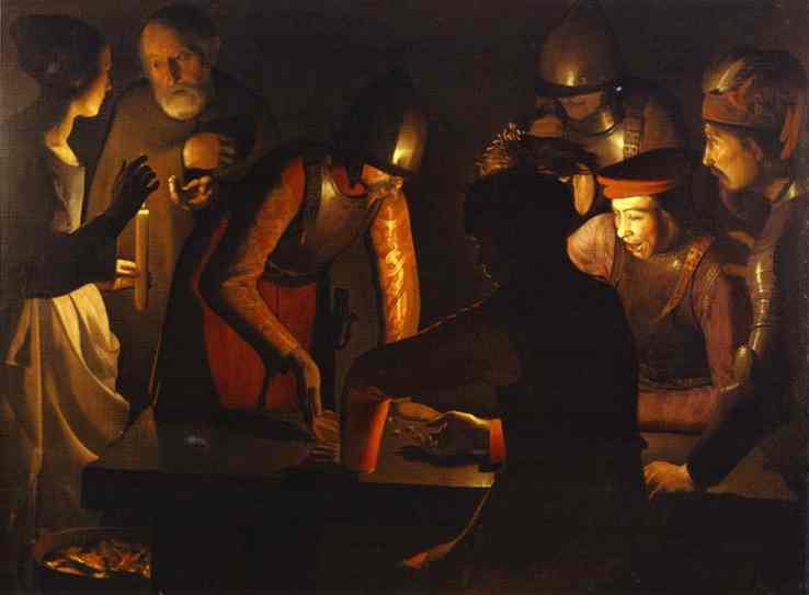 Candlelit interior with soldiers and servants gathered around a table as St. Peter, in shadowed profile, responds to a maid holding a taper; armor glints, hands converge, and warm light shapes faces against a deep, quiet darkness.