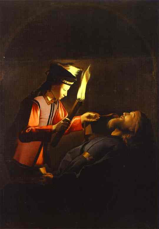 Torchlit scene of a youth leaning over the bearded body of St. Alexis, his hand and flame illuminating the saint’s face in a dark room, capturing the quiet moment of discovery.