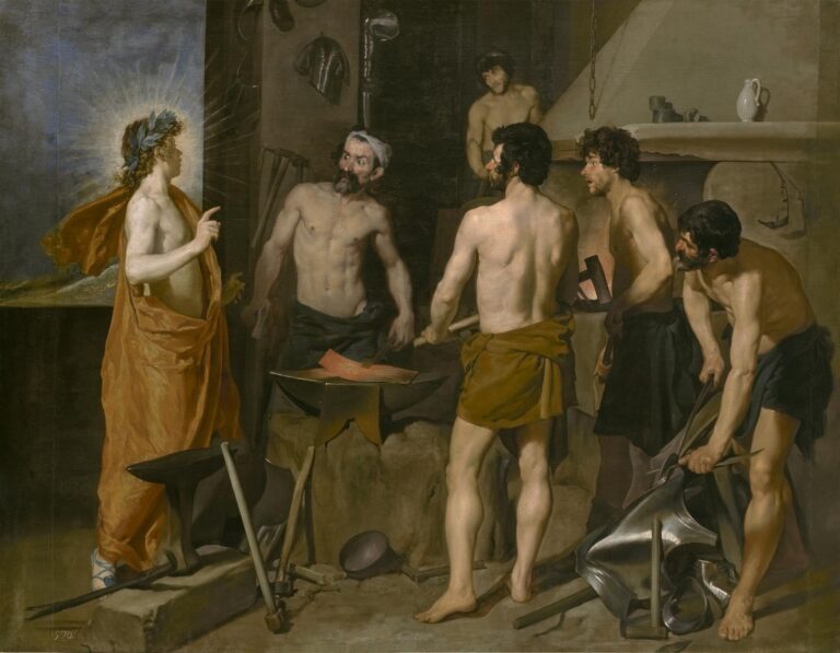 Inside a blacksmith’s workshop, the sunlit god Apollo announces Venus’s infidelity to Vulcan and his half-naked assistants, who turn in shock around an anvil and glowing furnace amid tools, helmets, and gleaming armor.