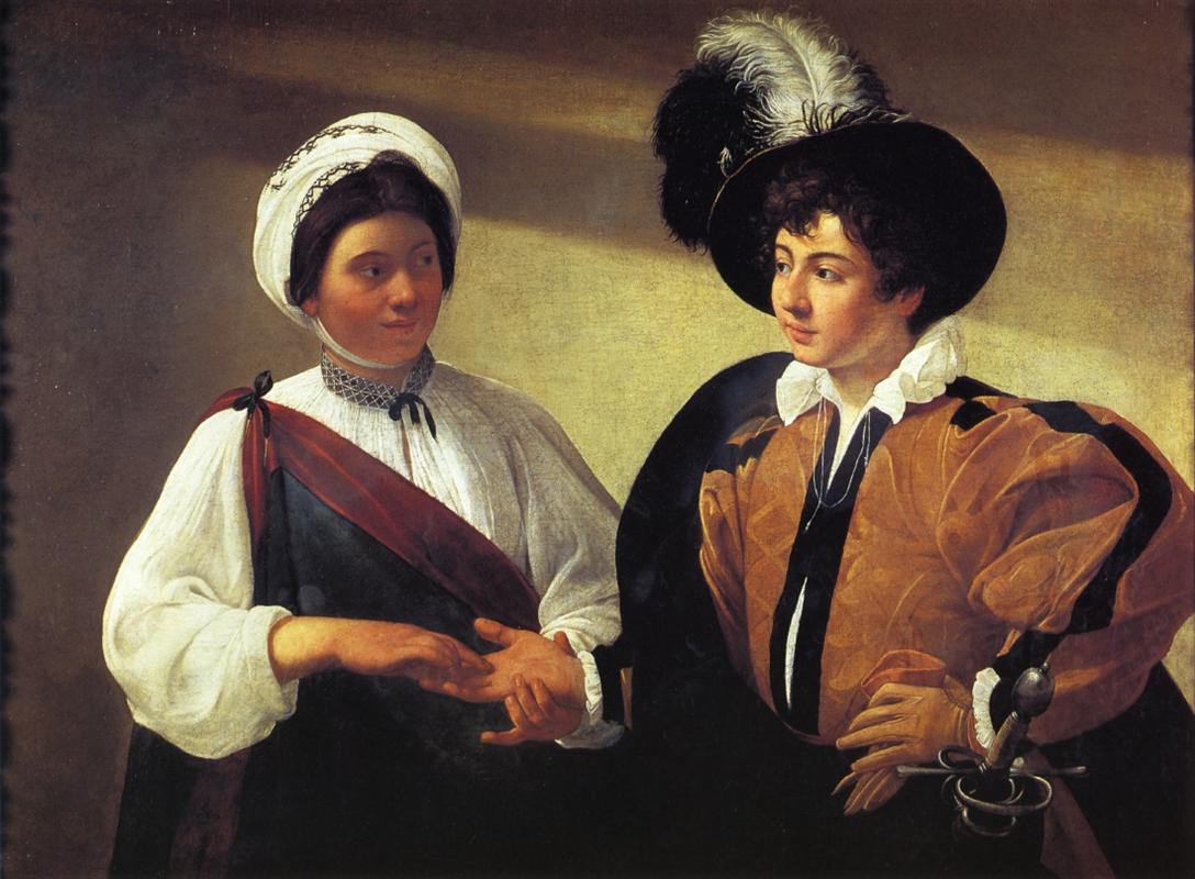 A neatly dressed young woman reads the palm of a fashionable youth wearing a plumed hat; as she smiles and studies his hand, her other fingers slide his ring loose, while warm light highlights their faces, hands, and richly textured clothing against a plain wall.