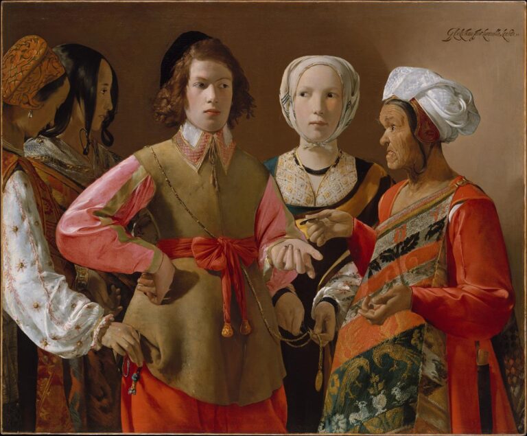 Five figures crowd a shallow interior as an elderly fortune-teller reads a young man’s palm; two fashionable young women quietly steal his chain and beads while a fourth woman closes the group, rich fabrics glowing under even light against a plain brown wall.
