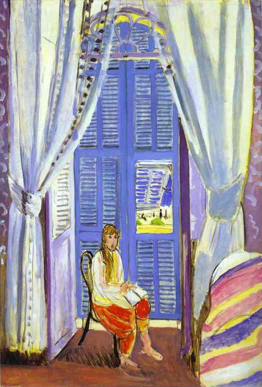 Interior with tall blue French shutters framed by white curtains; a woman in warm-toned dress sits on a simple chair before the window; a small open panel reveals a sunny balcony glimpse; lavender walls and floor surround a curved striped cushion in the lower right; painted in cool blues and violets with warm accents.