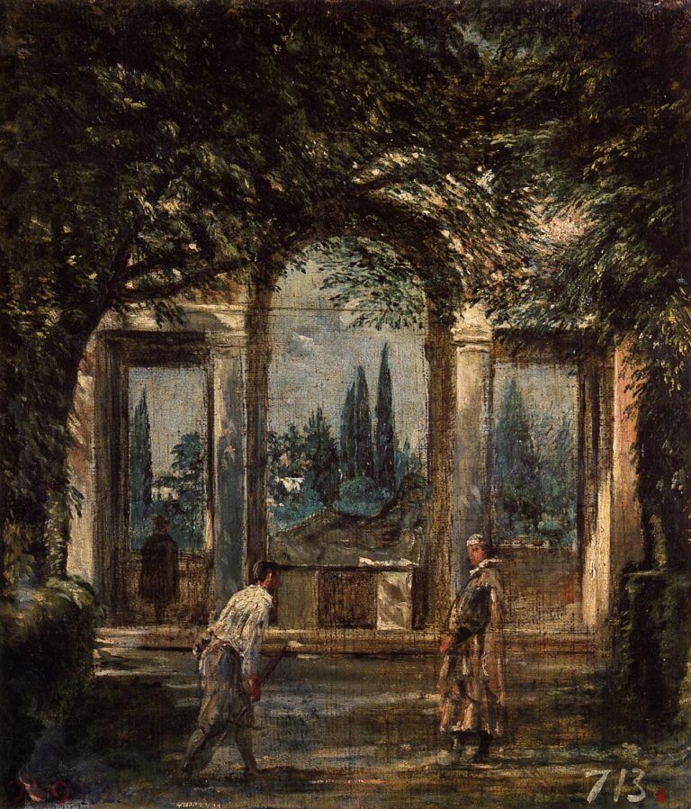 Small oil view of a shaded garden court at the Villa Medici with a central arch opening to sunlit cypresses and distant walls; two figures stand in the foreground under a dense canopy of leaves, painted with loose, luminous brushwork.