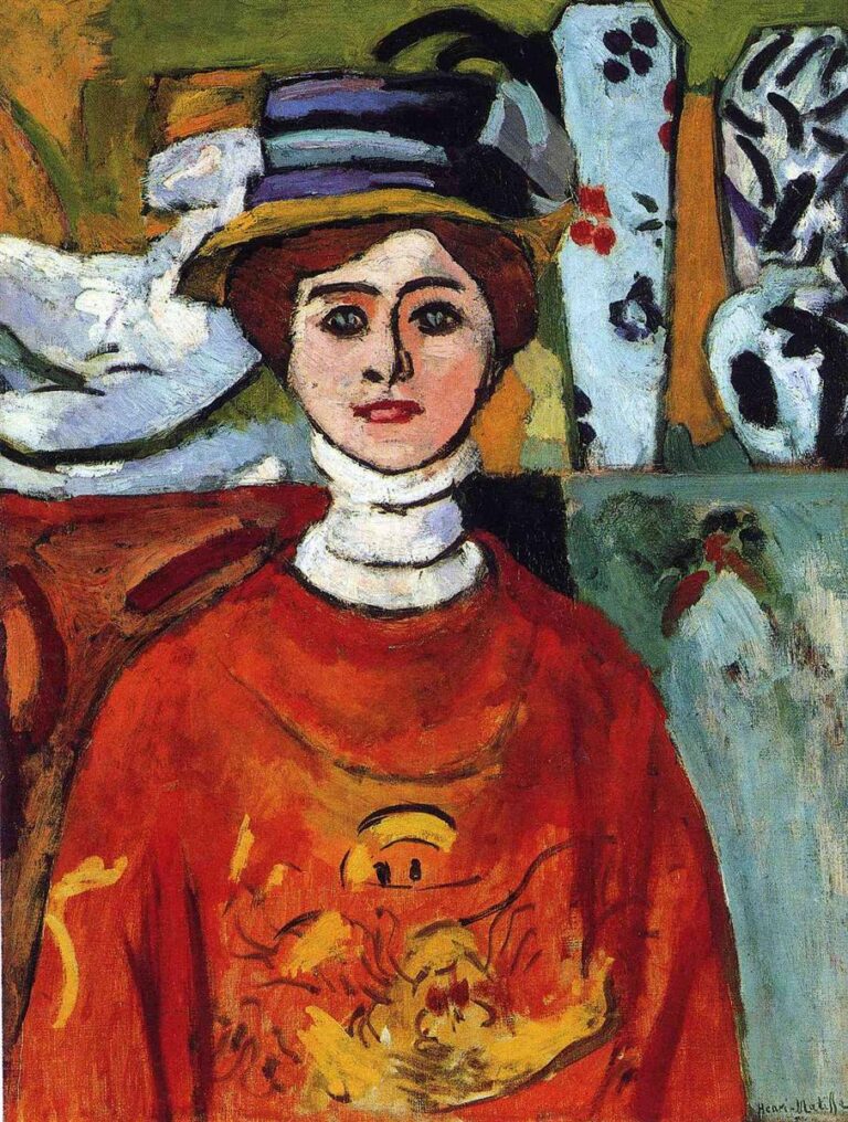 Half-length portrait of a young woman with green eyes, a tiered hat, and a high white collar, seated before a shelf of patterned ceramics; a vivid red garment fills the lower half, while greens and ochres animate the background, all drawn with bold contours in Matisse’s 1908 style.