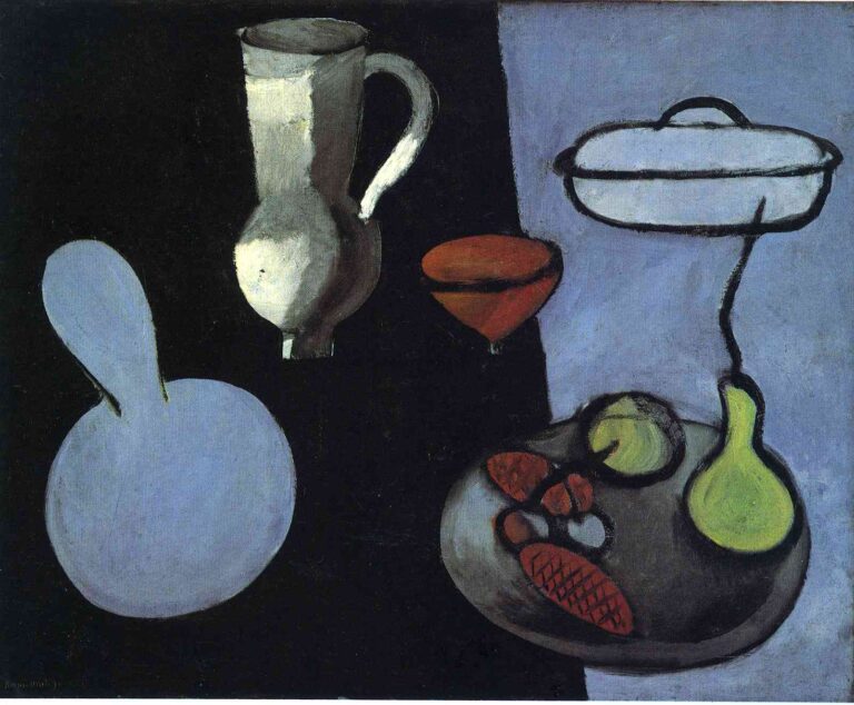 Matisse still life with a vertical split of black and blue; pale pitcher and round cutting board on black, white lidded tureen and orange compote near center, and gray platter with green gourd, apple, and red breads on blue; strong black contours and simplified forms, 1916.