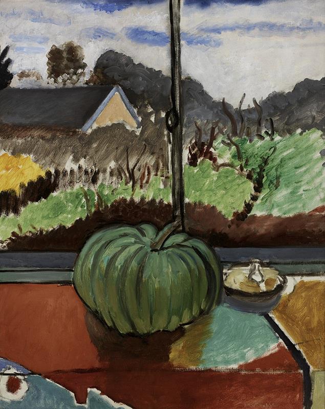 Green pumpkin on a tabletop before a window; small bowl with pale bulbs at right; gray sill and central black window mullion; outside, hedges, a house roof, and a banded gray-blue sky; warm red and turquoise color blocks on the table; expressive brushwork typical of Matisse, 1916.