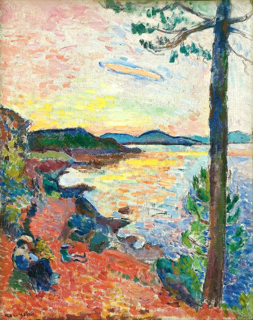 Vertical coastal landscape by Henri Matisse showing a tall pine at right, a red-orange rocky path along the shore, and the blue gulf reflecting a yellow-pink sunset in broken, Divisionist brushstrokes, 1904.