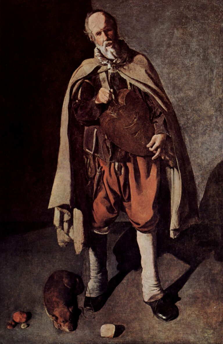 Full-figure hurdy-gurdy player stands in a plain corner, light falling on his bald head and red breeches as he holds the heart-shaped instrument to his chest; a small brown dog curls at his feet beside scattered stones, all rendered in calm, earthy tones.