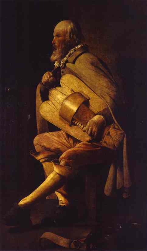 Seated hurdy-gurdy player in profile hugs his instrument across his chest under warm light; cloak, breeches, stockings, and shoes glow against a dark interior, with a slack strap on the floor suggesting a pause between songs.