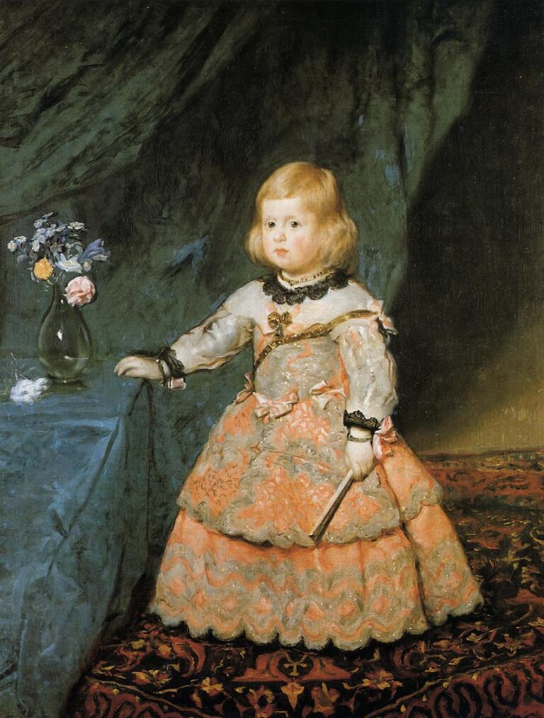 Small Infanta Margarita stands on a patterned carpet beside a blue-draped table with a glass vase of flowers, wearing a coral-red and silver dress, holding a tiny fan, set against a dark green curtain; her face is softly lit and calmly attentive.
