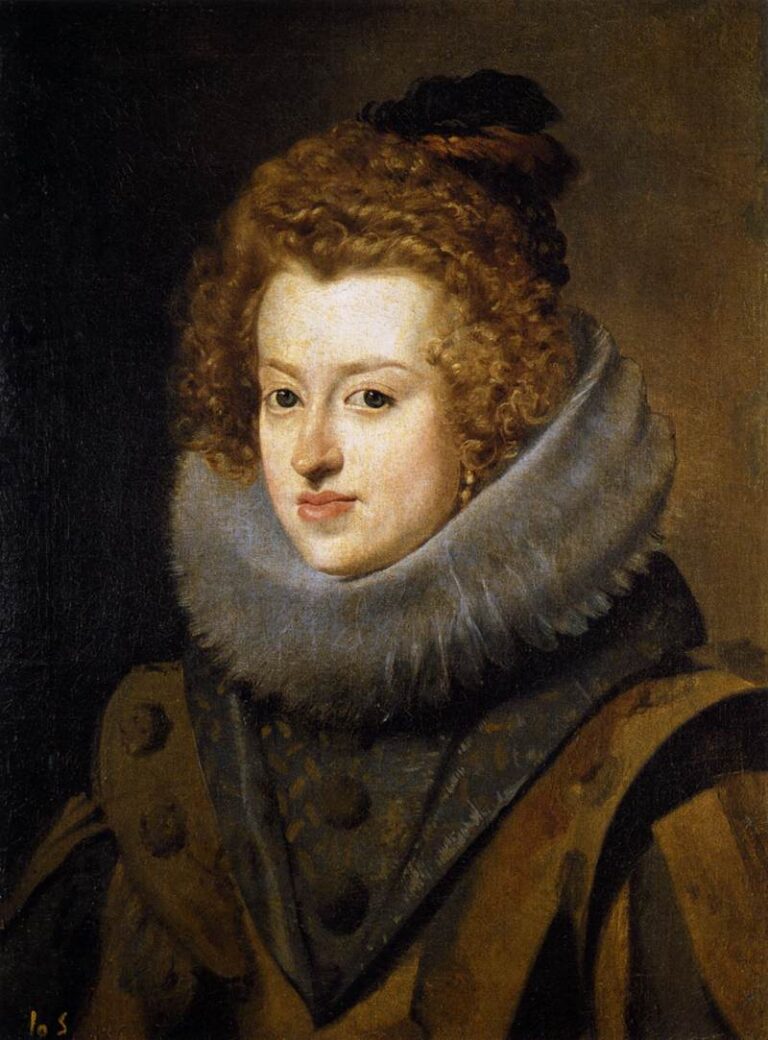 Bust-length portrait of the Infanta María of Austria facing slightly left, auburn curls under a dark bow, luminous gray ruff framing her face, and a dark patterned gown set against a warm neutral background, painted with Velázquez’s restrained, atmospheric brushwork.