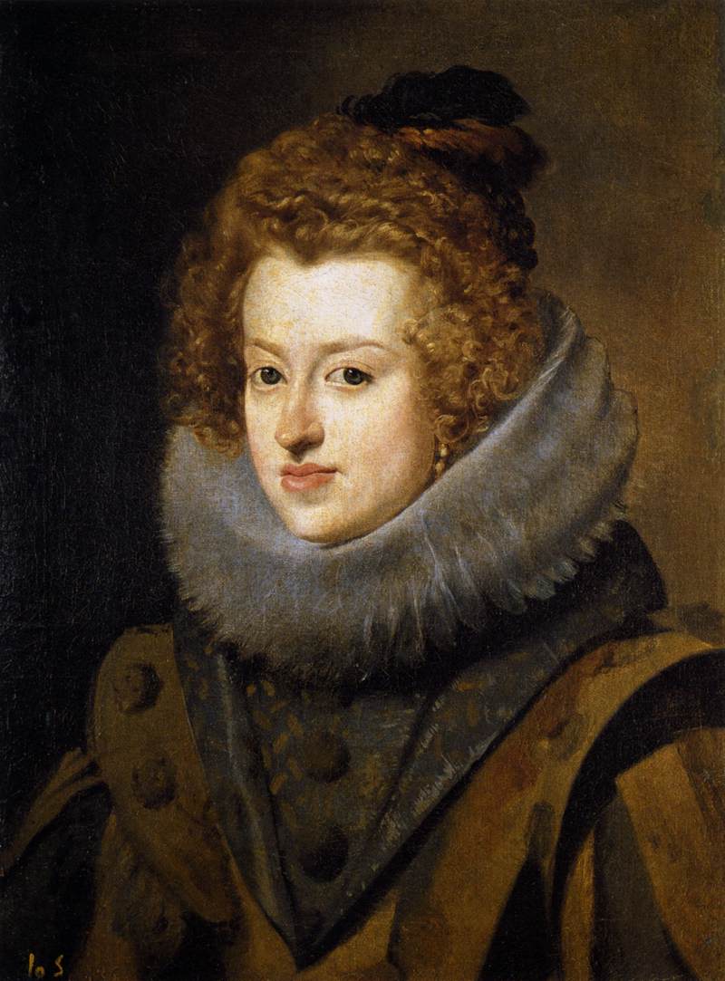 Bust-length portrait of the Infanta María of Austria facing slightly left, auburn curls under a dark bow, luminous gray ruff framing her face, and a dark patterned gown set against a warm neutral background, painted with Velázquez’s restrained, atmospheric brushwork.