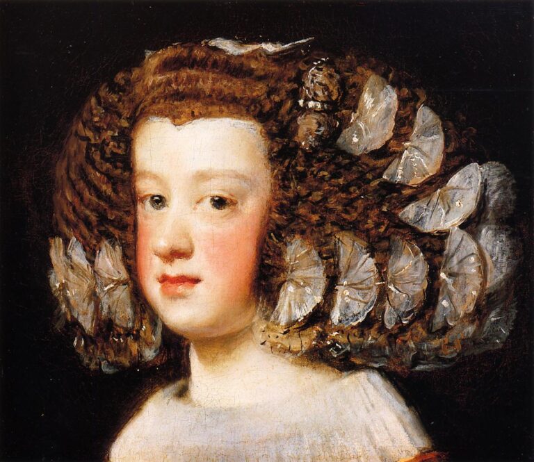 Close-up of Infanta María Theresa against a dark background, her face softly lit and framed by elaborate ringlets adorned with pale rosettes, gazing three-quarters toward the viewer with calm poise.