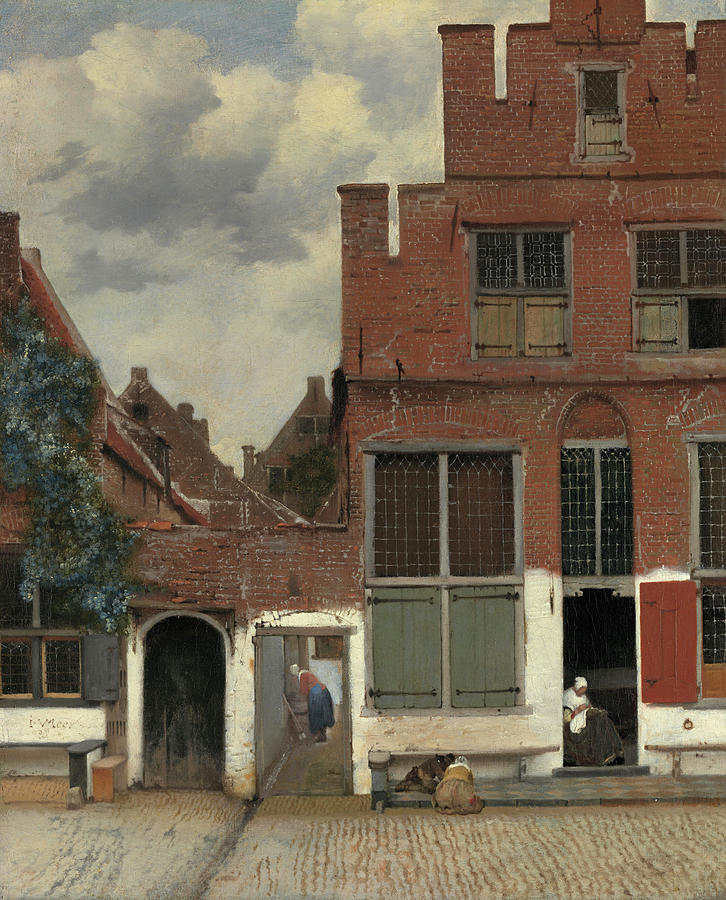 A stepped-gabled brick house fronts a quiet Delft street; women work at a doorway and in a narrow alley while two children crouch near the curb, with green shutters, leaded windows, a vine at left, and a soft clouded sky above.