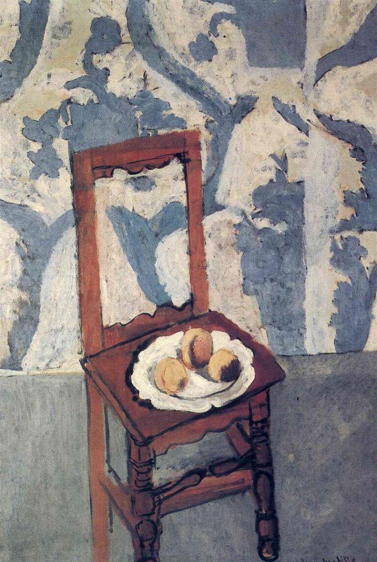 Wooden provincial chair angled toward the viewer with a white scalloped plate holding three yellow fruits on the seat; behind it a blue-gray and white arabesque wall; flat gray floor; firm black contours and soft, scumbled paint conveying a quiet Mediterranean interior.