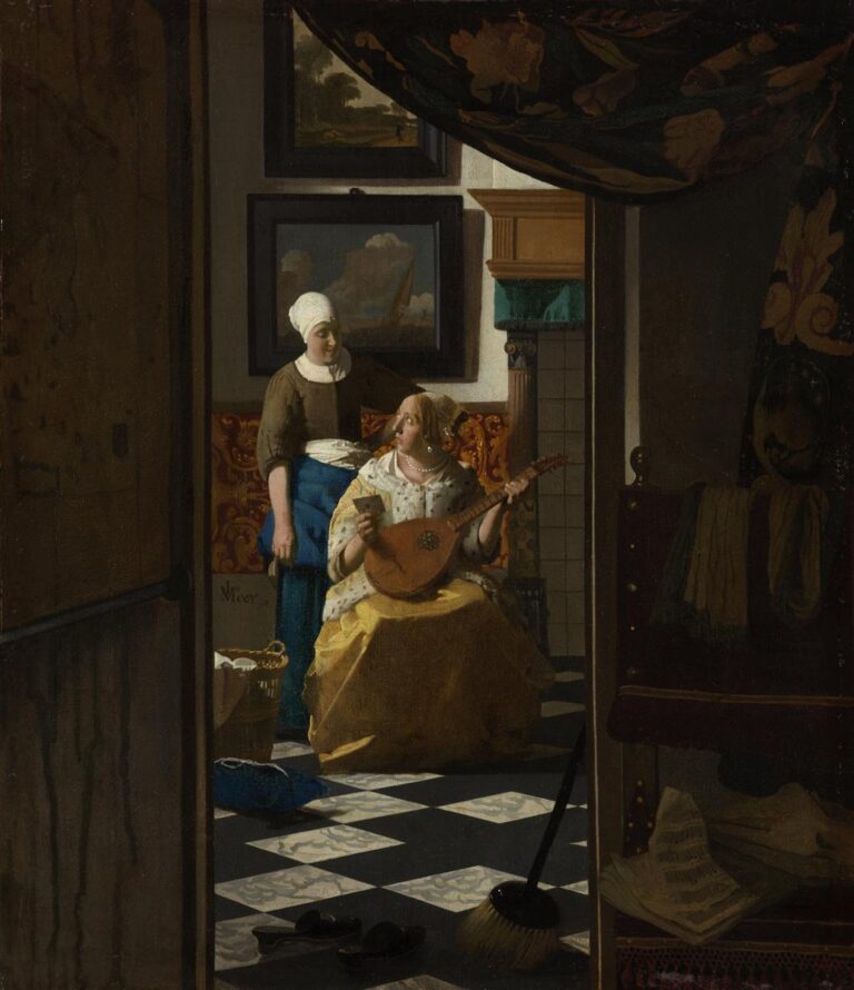 Interior scene seen through a parted curtain showing a seated woman in a yellow skirt holding a cittern and a letter, attended by a maid; light from the left illuminates a tiled floor, hearth, patterned textiles, and two seascape paintings on the back wall, with a broom and slippers in the shadowed foreground.