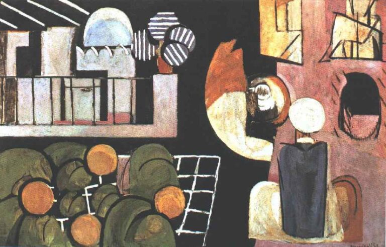Matisse’s “The Moroccans” showing flat emblems on a black ground: pale terrace and blue dome at left, green mounds with orange disks below, striped round trees above, large crescent forms center, and a rose building with a robed figure at right; strong contour and simplified color, 1916.