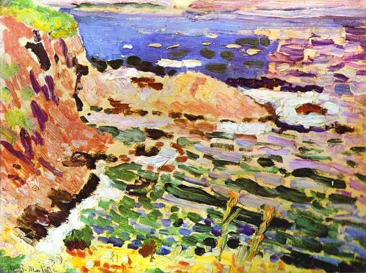 Henri Matisse’s “The Moulade” shows a warm, russet cliff at left dropping to a cove, with bright, mosaic-like strokes of green, blue, violet, and yellow describing choppy water, white foam edging rocks, and a high cobalt horizon under clear Mediterranean light.
