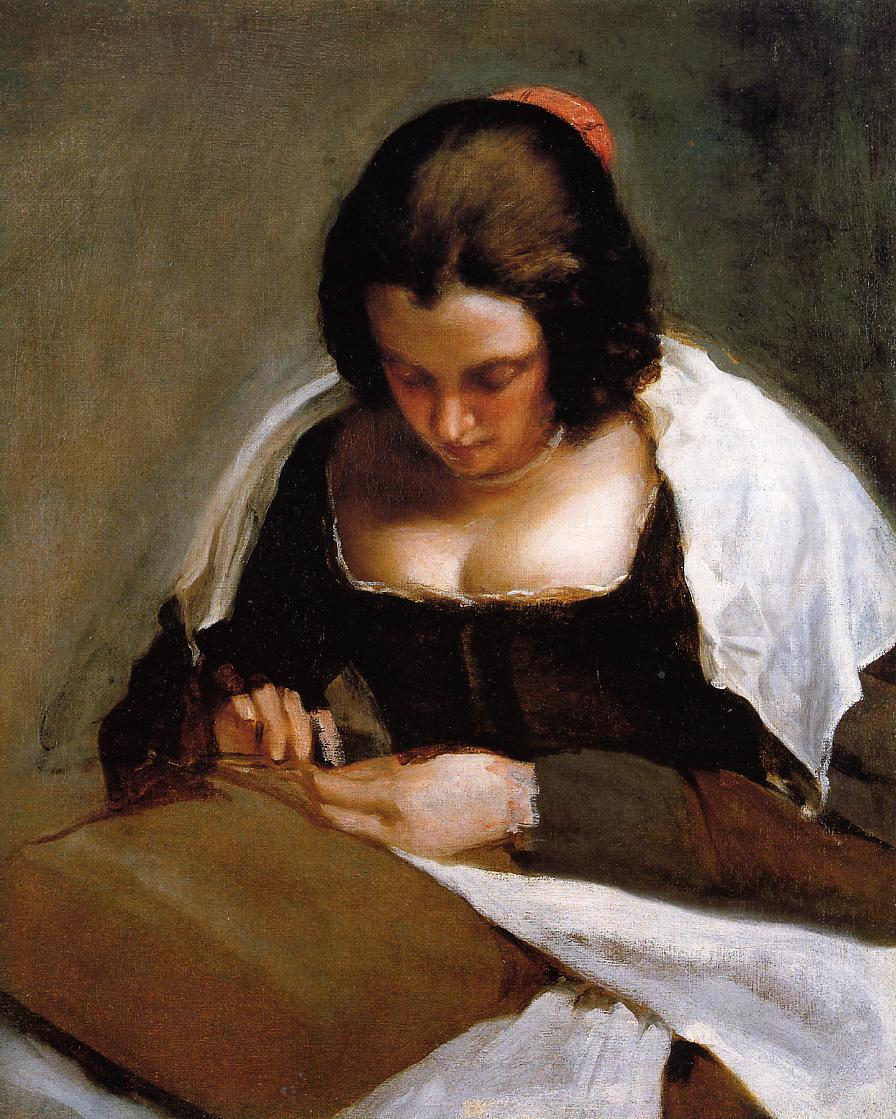 A young woman with head bowed sews intently, light catching her forehead, hands, and white shawl; dark bodice and neutral background emphasize her focused posture and the quiet intimacy of the scene.