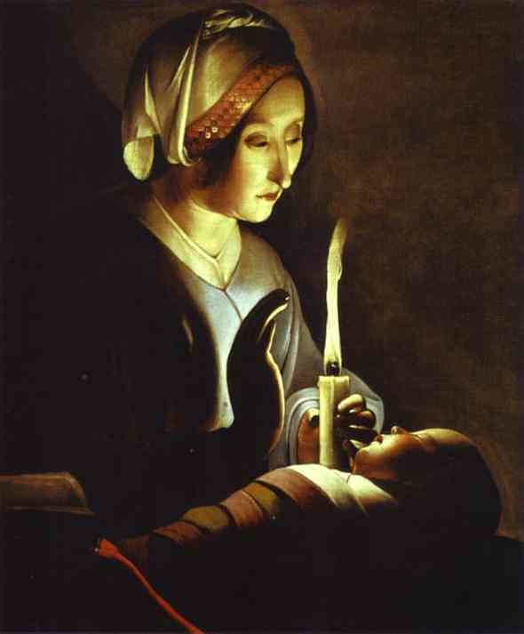 A mother and elder woman keep candlelit vigil over a swaddled infant; the flame illuminates their faces and hands in a dark room, embodying de la Tour’s tender nocturne.