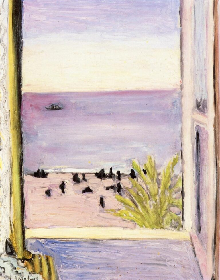 View through an open window to a Mediterranean beach and lavender sea under a pale sky; tiny black beach figures and a small boat appear beyond a tuft of green foliage, with lilac interior jambs and a cool violet floor in Matisse’s Nice-period style.