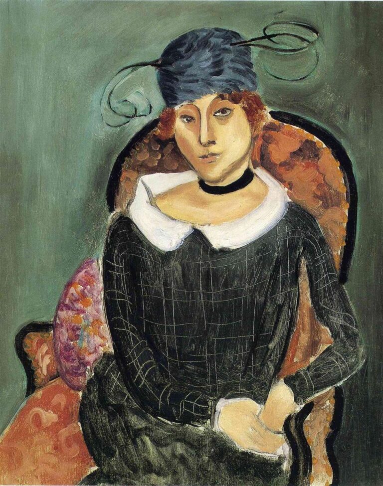 Seated woman in an ornate armchair wearing a blue ostrich-feather hat, black grid-patterned dress with white collar, and black choker; cool green wall background; warm patterned upholstery; expressive curves and clear contours characteristic of Matisse, 1918.