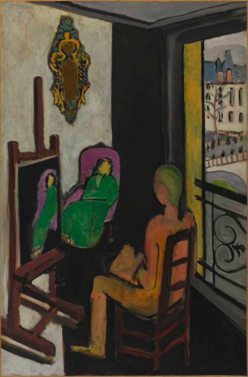 An interior studio scene by Henri Matisse showing an easel at left with a simplified image of a green-robed model, the actual model seated in a violet chair within a large black zone, the painter seen from behind sketching on a wooden chair, and at right an open balcony door with yellow light and a glimpse of city buildings and iron railing.