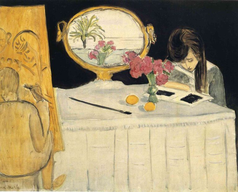Large white table with a long black brush, two oranges, and a green vase of pink flowers; at left a seated figure paints on an ocher easel; at center a gold oval mirror reflects a palm and small bouquet by the sea; at right a girl bends over a notebook; matte black background contrasts with the bright tablecloth and objects.