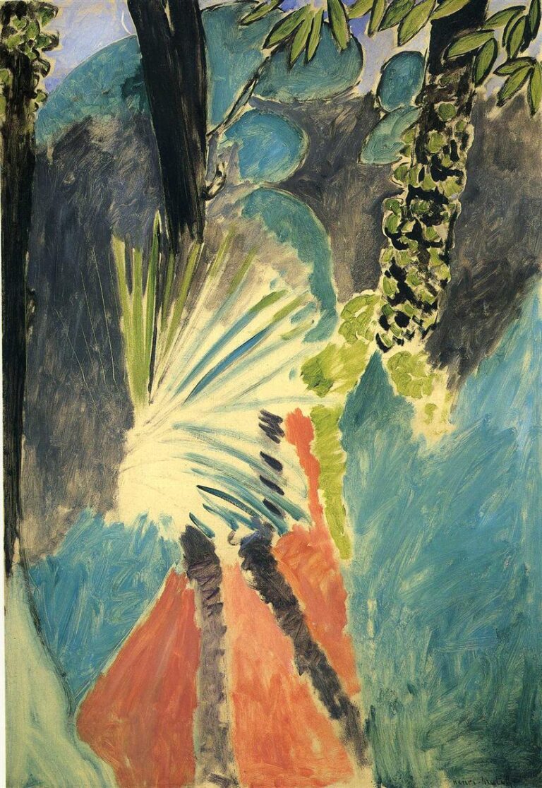 A 1912 painting by Henri Matisse showing a palm seen from below, with a central burst of pale light and radiating fronds, a black trunk on the left, a leafy green column on the right, and large coral and turquoise color fields that create a warm, sunlit atmosphere.
