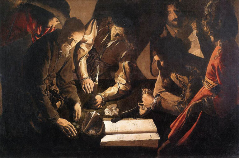Nocturnal interior where several men lean over a table lit by a small flame; hands count coins while a clerk writes in an open ledger, faces half-lit and costumes subdued, the scene composed around money, purse, and book against a dark, simple background.