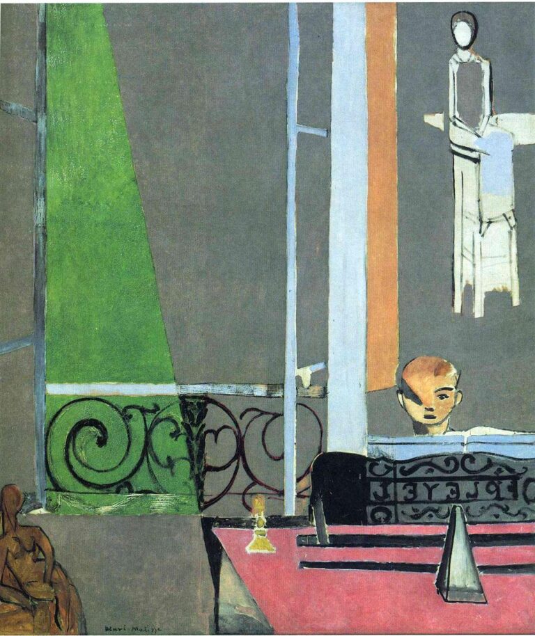 Large gray and green interior by Matisse with window bars and wrought-iron balcony at left, a pink table with metronome and candle below, a lettered music rack across the center, a boy’s head behind the piano at right, and a simplified wall figure; flat planes, strong contours, 1916.