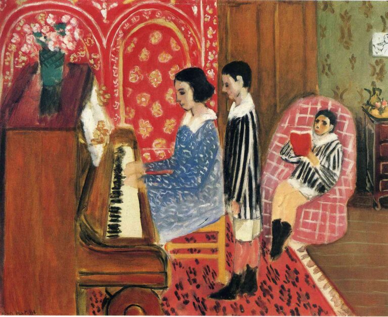 A woman in a blue dress plays a piano beside a red patterned wall, while a boy in black-and-white stripes stands listening and another child reclines in a pink armchair reading a red book; a rose carpet, green wall, and warm wooden piano create a richly patterned, softly lit interior.