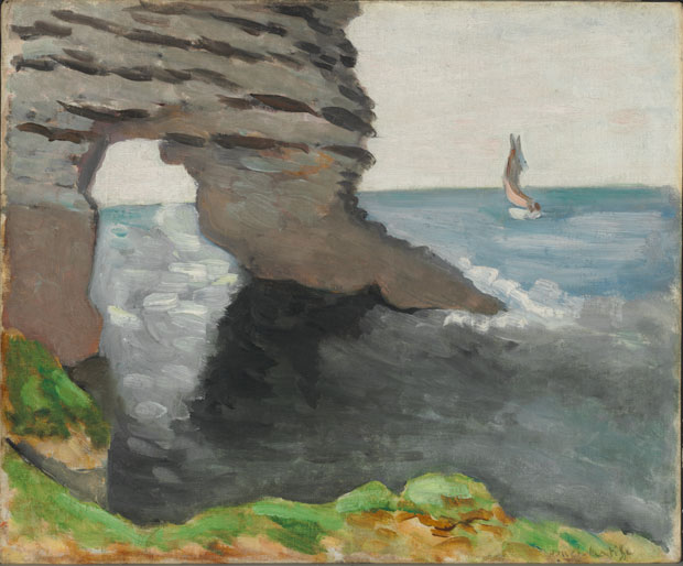 A seaside painting showing a large chalk headland with a natural arch at left, a dark triangular shadow falling over rippling water, a narrow blue horizon with a small sailboat, and a strip of green turf along the bottom edge under a pale sky.