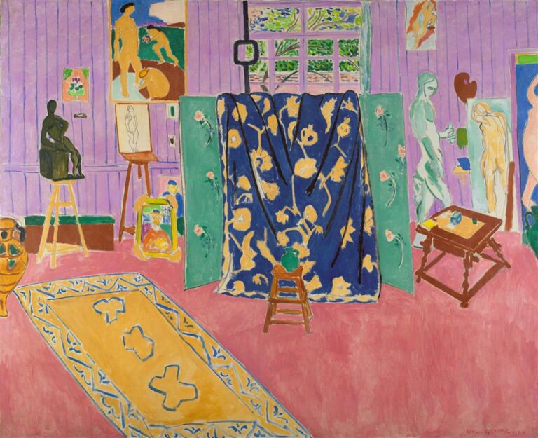 Large interior with a pink floor and lavender wallboards; at center a dark blue floral curtain hangs between two green screens; a yellow-bordered carpet runs diagonally at left; easels, a black bronze on a stool, a small table, a low stool with a green jug, and framed paintings and drawings populate the room; a small window with green foliage appears above, all rendered in flat, saturated color in Henri Matisse’s 1911 “The Pink Studio.”