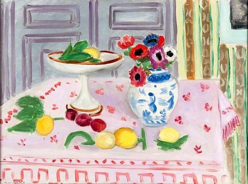 A pale pink patterned tablecloth holds a white compotier with fruit and a blue-and-white vase of anemones before cool gray paneled doors, with scattered lemons, plums, and leaves across the cloth, painted by Henri Matisse in 1925.