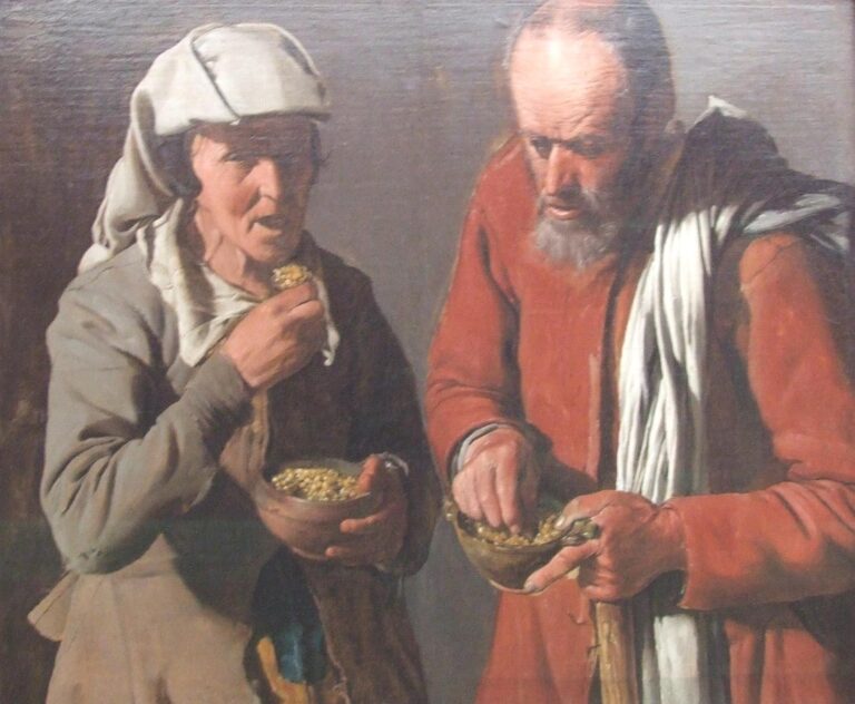 Two half-length figures stand against a plain wall eating from wooden bowls; a woman in a white headcloth lifts a bite while a man in a red coat looks down to scoop porridge, a white cloth draped over his shoulder and soft light modeling faces and hands.